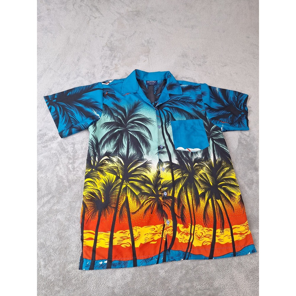 Pacific & Co Mens Small Blue Tropical Palm Tree‎ Sunset Hawaiian Button Up Shirt